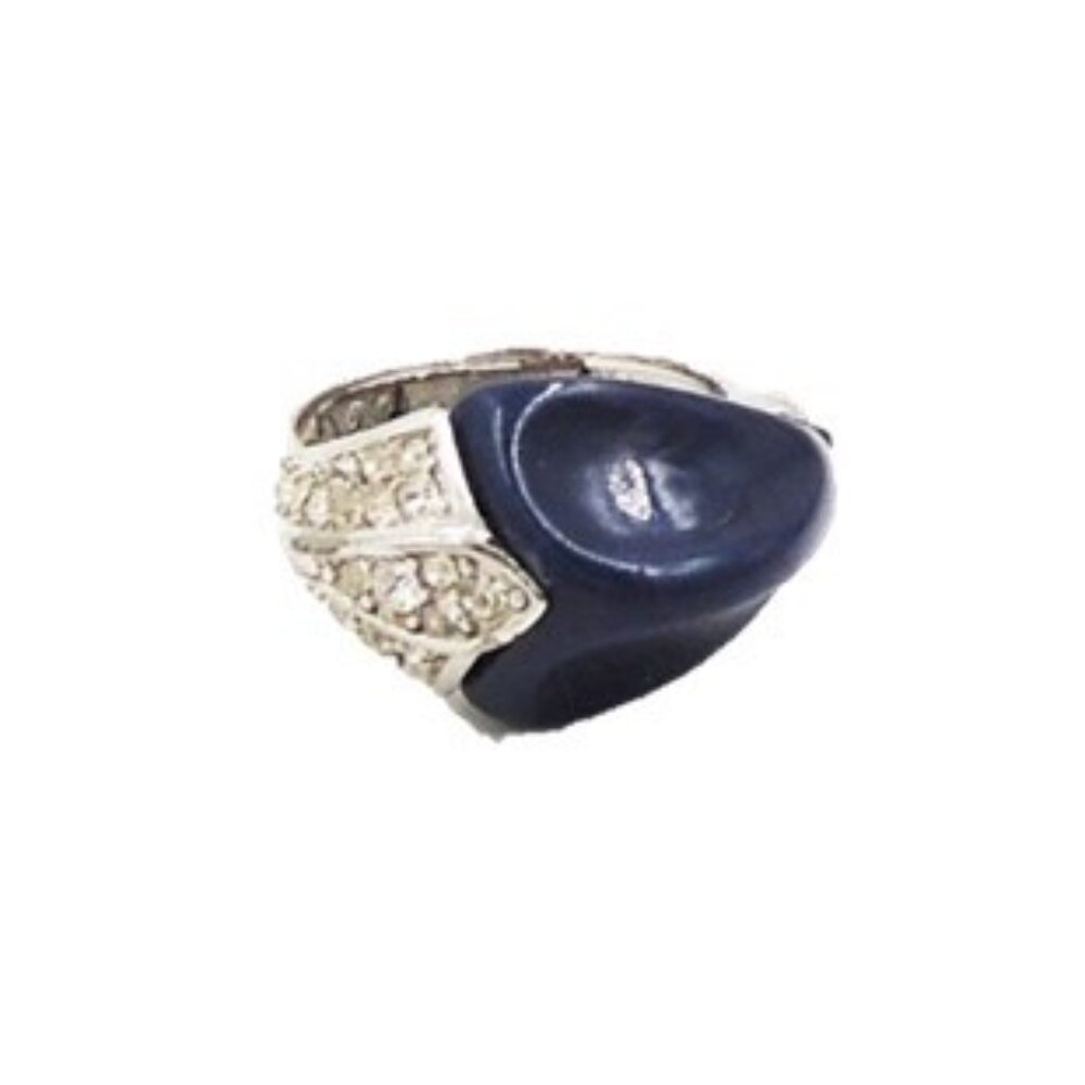 Vintage Crown Trifari Rhodium Plate & Navy Lucite Size 6 1/2 Ring